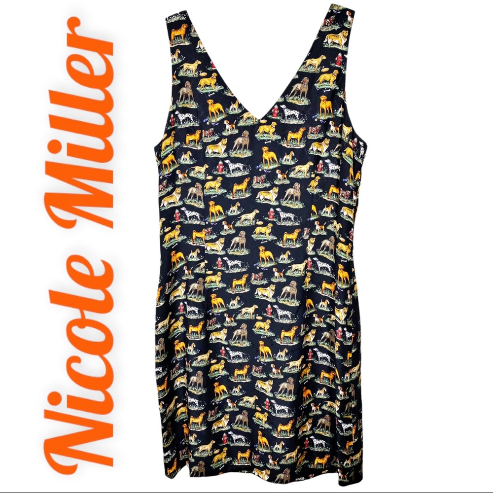 Nicole Miller Vintage 100% Silk Dog Print Shift Dress, 8